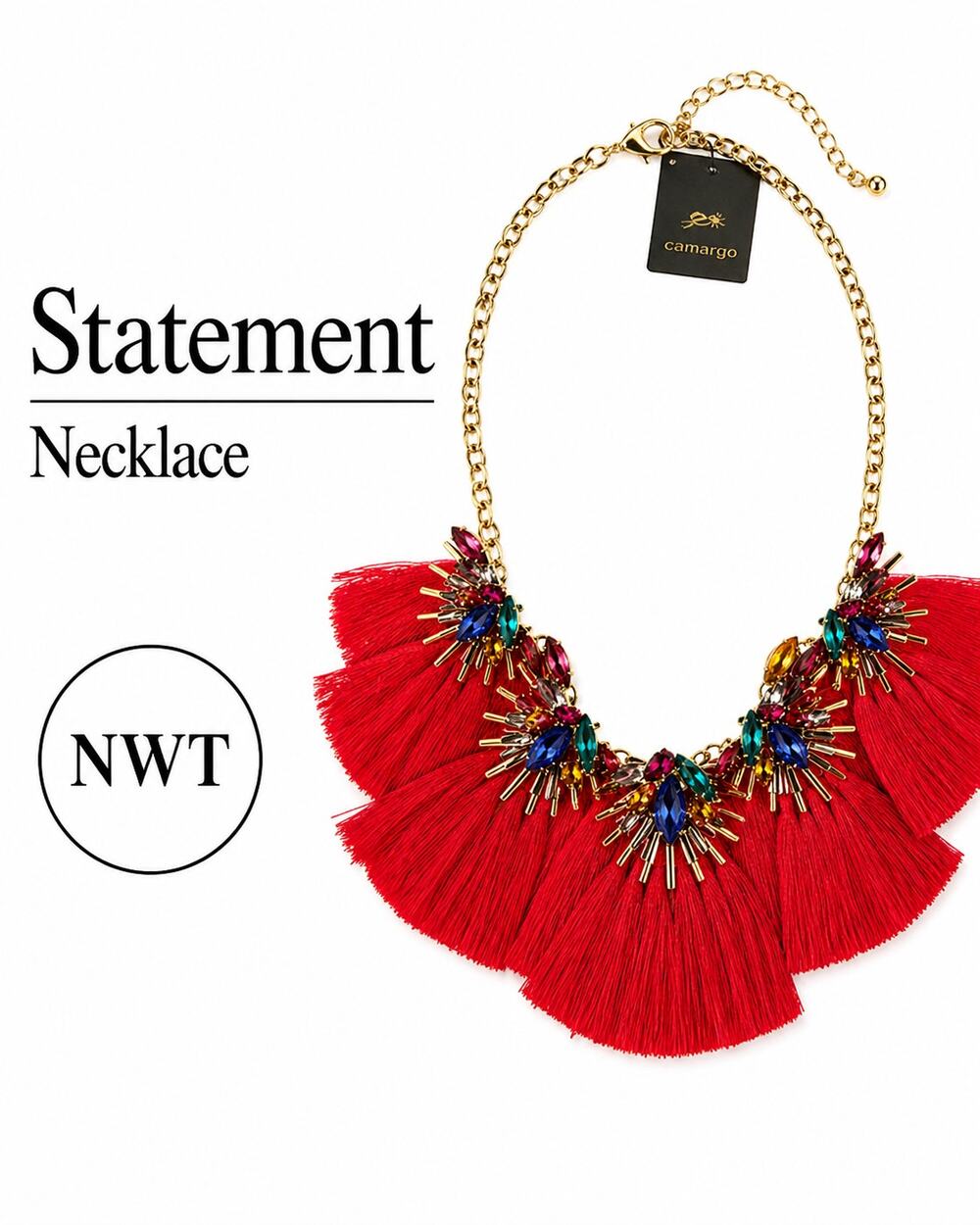 Statement Fringe Necklace Red Tassel Rhinestone Bib Necklace NWT g by Gennaro